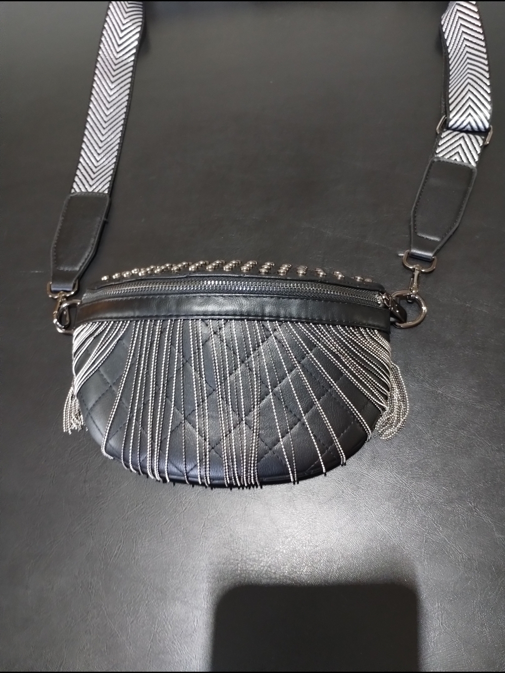 Black Quilted Fringe Crossbody Belt Bag